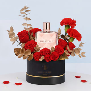 Givenchy Irresistible EDP Women 80ML in a Black box of red roses and carnations with gold eucalyptus.