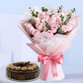 A flower combo featuring a bouquet of light pink roses and eucalyptus, wrapped in pink and white with a pink satin ribbon. A chocolate truffle cake decorated with piped chocolate frosting.