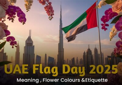 UAE Flag Day 2025 celebration with red, green, white, and black flowers symbolizing national pride, unity, and respect.