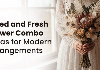 Stylish modern flower arrangement featuring a mix of dried and fresh blooms in neutral tones, blending textures for a contemporary look.