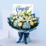 blue-hydrangea-white-lily-congrats-bouquet