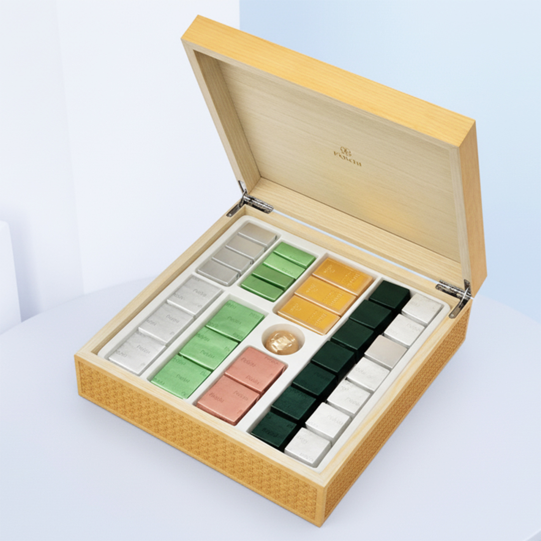 Luxury assorted Patchi milk chocolate gift box with 68 pieces in wooden packaging.
