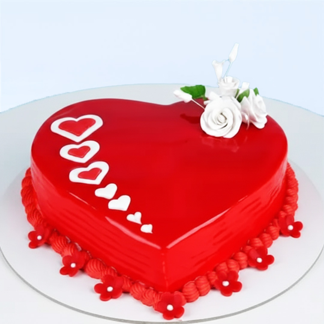 Red Heart Celebration Cake Gel Heart Cake 1 Kg by Mister Baker with red glossy finish and white sugar roses