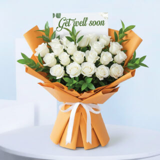 Get well soon bouquet with 20 white roses in peach-orange wrap.