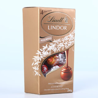 Lindt Lindor Assorted Chocolate Truffles 200g Gold Box with assorted wrapped chocolates.