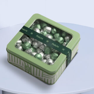 Patchi gianduja chocolate tin with assorted milk and dark chocolates wrapped in green and silver foil – 500g gift box.