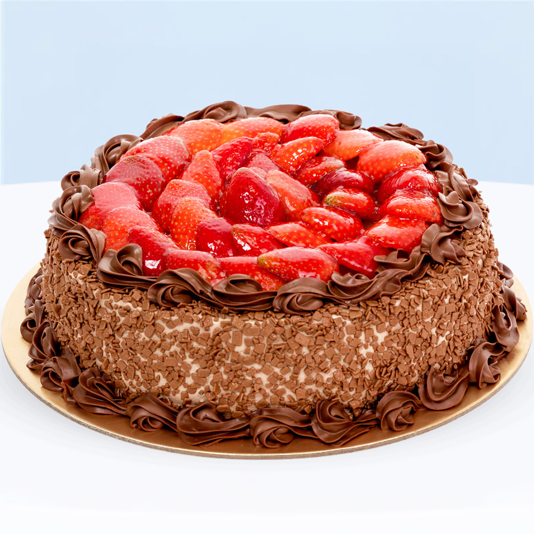 strawberry-chocolate-cake-1-6kg-katrina Strawberry Chocolate Cake topped with fresh strawberries and chocolate cream.