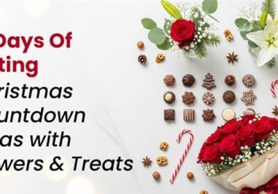 A festive graphic titled ‘12 Days of Gifting: Christmas Countdown Ideas with Flowers & Treats,’ featuring a mix of holiday-themed flowers and sweet treats arranged in a cheerful Christmas style.