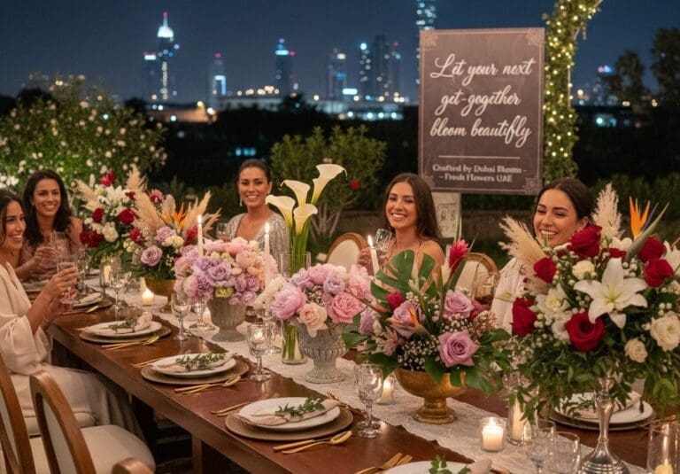Fresh flower arrangements decorating a warm and elegant get-together setting at home