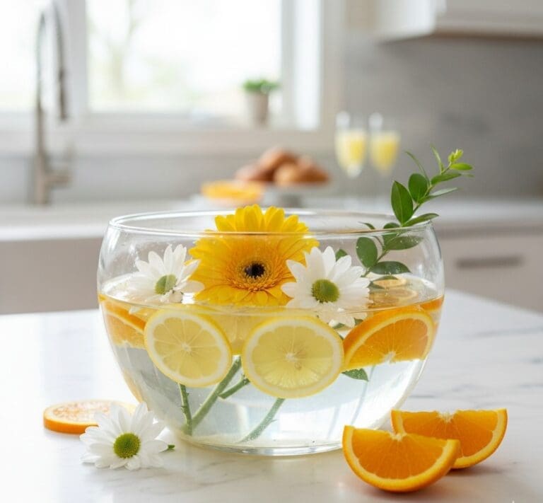 Citrus and flower fresh bowl creating a vibrant and refreshing centerpiece for New Year décor.