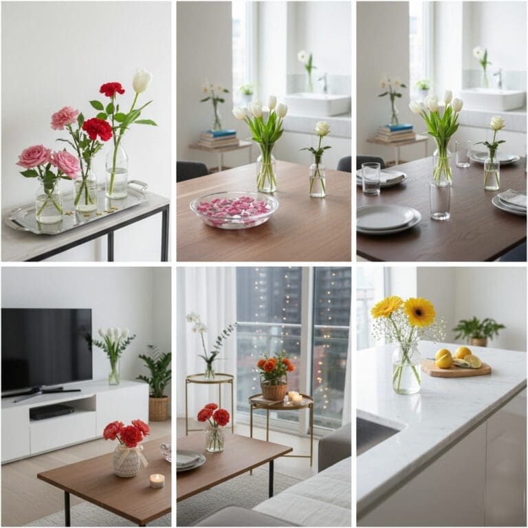 Suggestions for placing quick New Year flower arrangements around the home, including tables, shelves, and entryways.