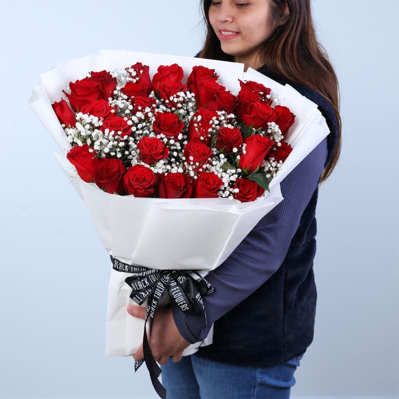 forever-yours-red-roses-valentine-bouquet Red roses Valentine bouquet with white wrapping and delicate white fillers