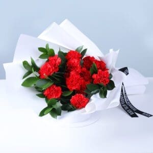 Bouquet of red carnations in white wrap