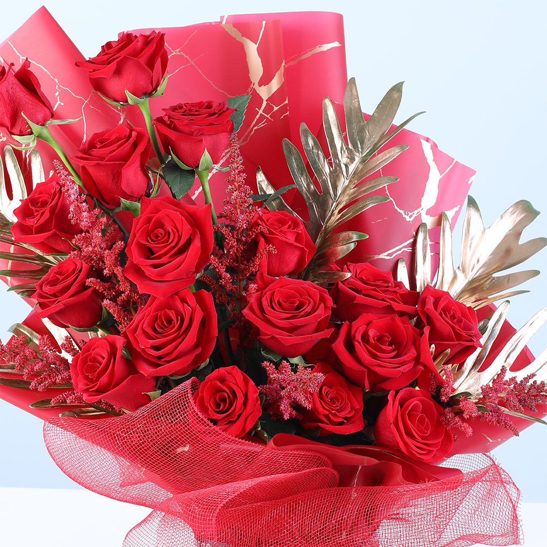 Red Roses Bouquet with Gold Accents | Romantic Gift