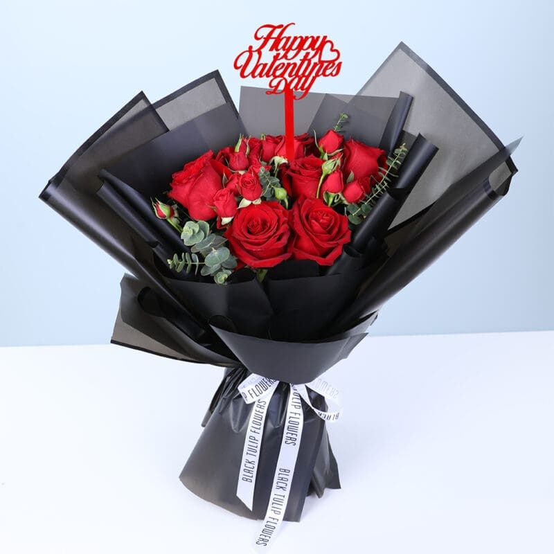 valentine red roses black wrap
