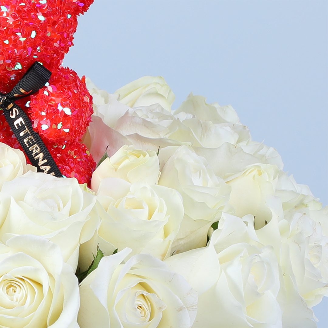 Romantic White Rose Flower Box with Red Teddy Gift