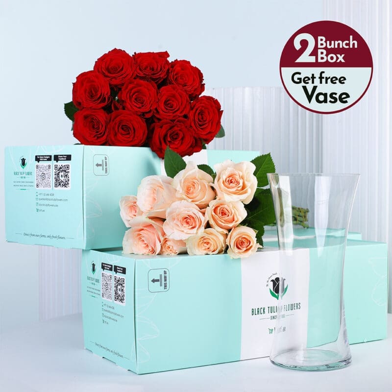 peach-red-roses-bunch-01 Peach roses and red roses bunches in a green box with vase.