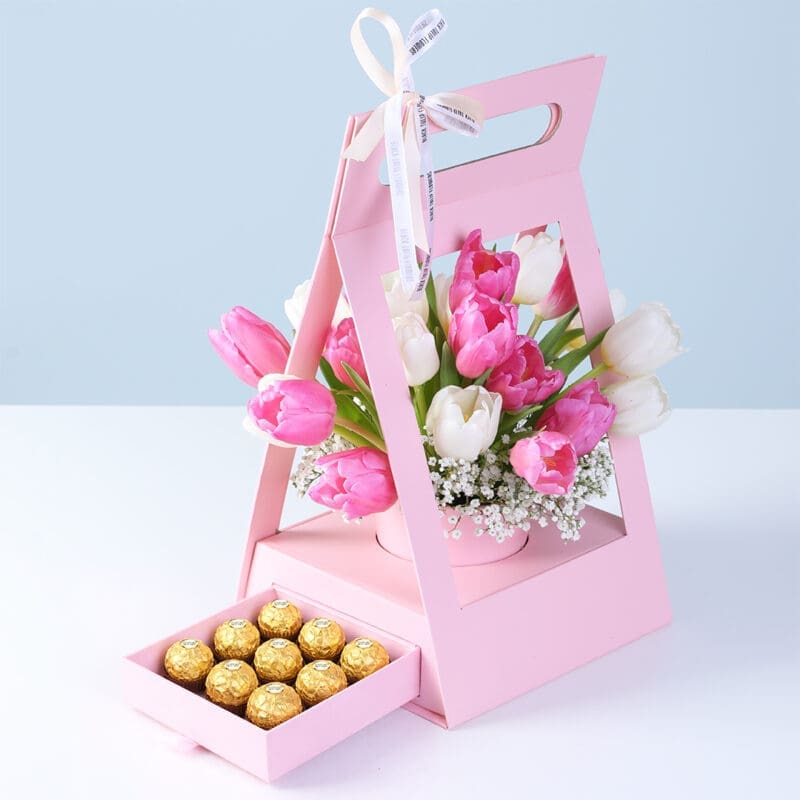 pink-white-tulips-ferrero-rocher-gift pink white tulips ferrero rocher gift