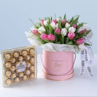BTF Home 55 White tulips, pink tulips, and lepidium in a premium pink box style, paired with 24 pieces of Ferrero Rocher chocolates.