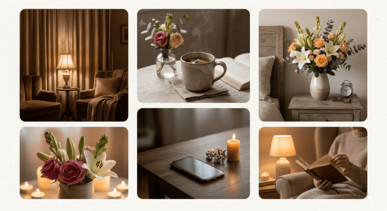 Cozy evening setup with fresh flowers candles and warm lighting creating a relaxing home atmosphere