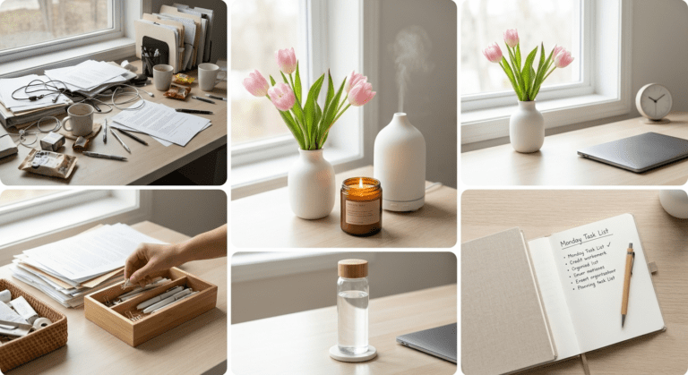 Fresh flowers on a clean workspace desk creating a productive and refreshing weekly start