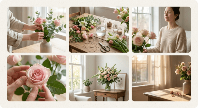 Relaxing floral break with fresh flowers tea and a calm home setting for weekend self care