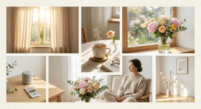 Morning routine with flowers coffee and natural light for a peaceful daily reset