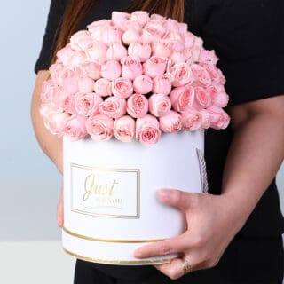 BTF Home 41 Premium pink roses in a white luxury round box with gold detailing, finished with a Just For You message label.