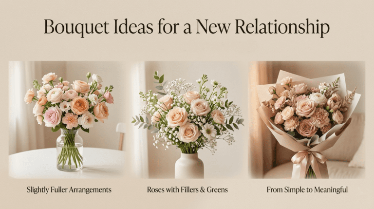 Bouquet ideas for a new relationship with soft romantic flowers like roses and tulips