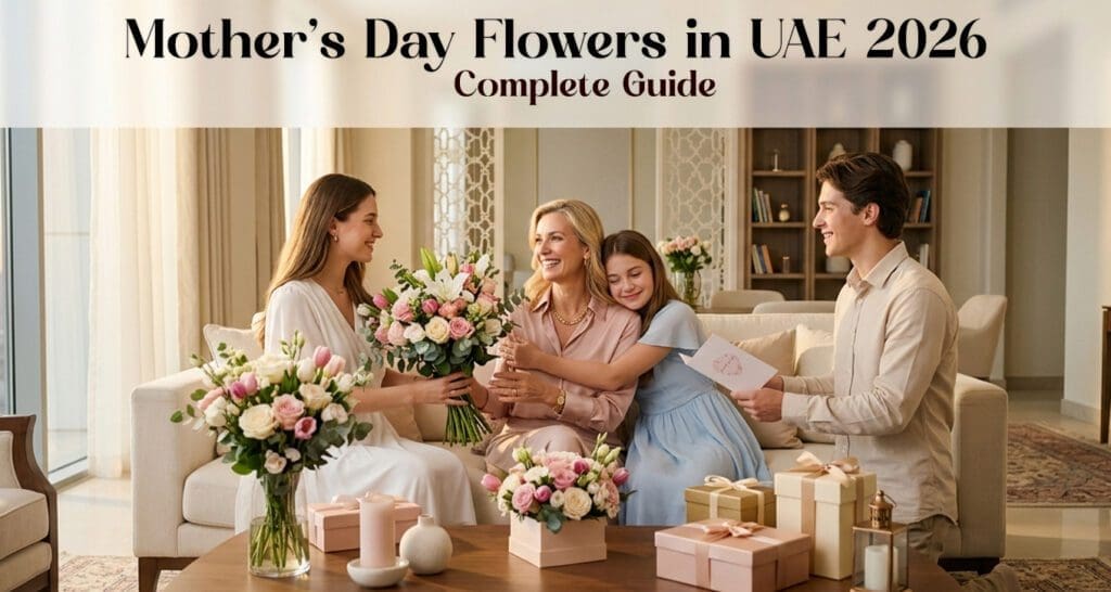 Premium floral setup for Mother’s Day UAE 2026 with mixed flowers in vases and gift boxes