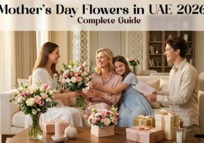 Premium floral setup for Mother’s Day UAE 2026 with mixed flowers in vases and gift boxes