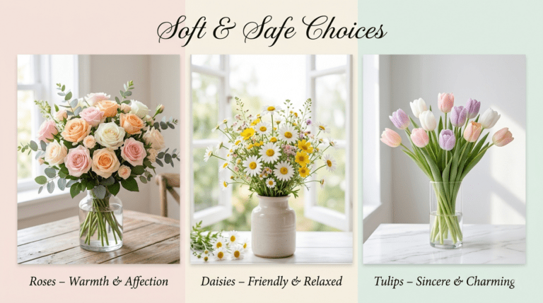 Soft and safe flower choices for a first date including roses, tulips, and daisies