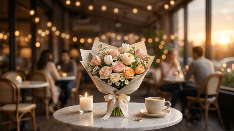 Delicate arrangement of pastel roses, tulips, and daisies creating a perfect first date bouquet