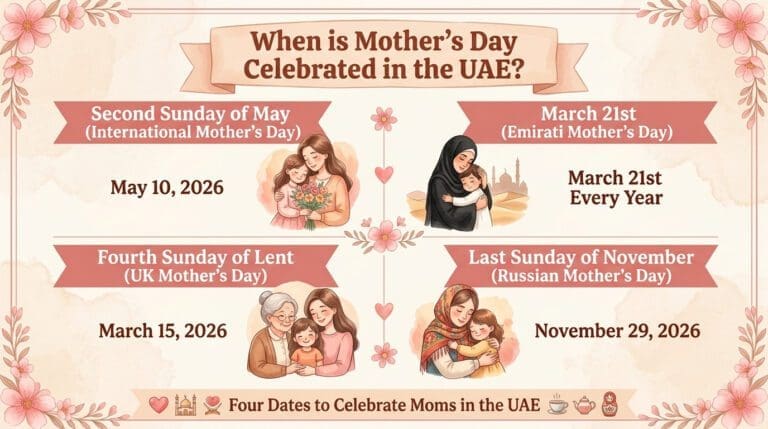 Dates of different mother's day celebrations in the UAE with moms and kids