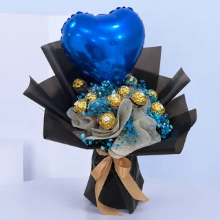 Blue Blooms & Ferrero For Him with Heart Balloon