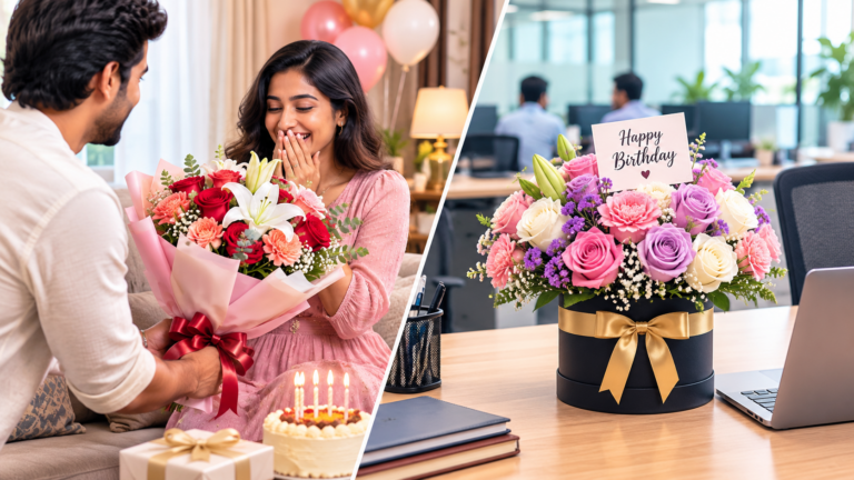 Birthday flower delivery featuring a bouquet at home and a flower box in an office.