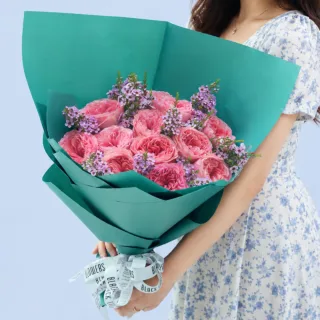 BTF Home 9 Premium Pink Ecuador Rose Bouquet featuring 15 fresh pink Ecuador roses and delicate wax flowers beautifully arranged in an elegant hand bouquet.