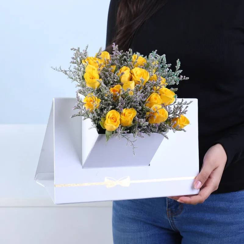 yellow-spray-rose-floral-envelope-box Yellow Spray Rose Floral Envelope Box featuring 6 stems of fresh yellow spray roses with delicate caspia arranged in a premium white floral envelope box.