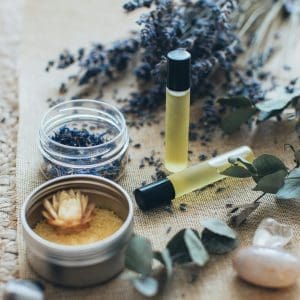 Lavender, essential oils, and crystals.